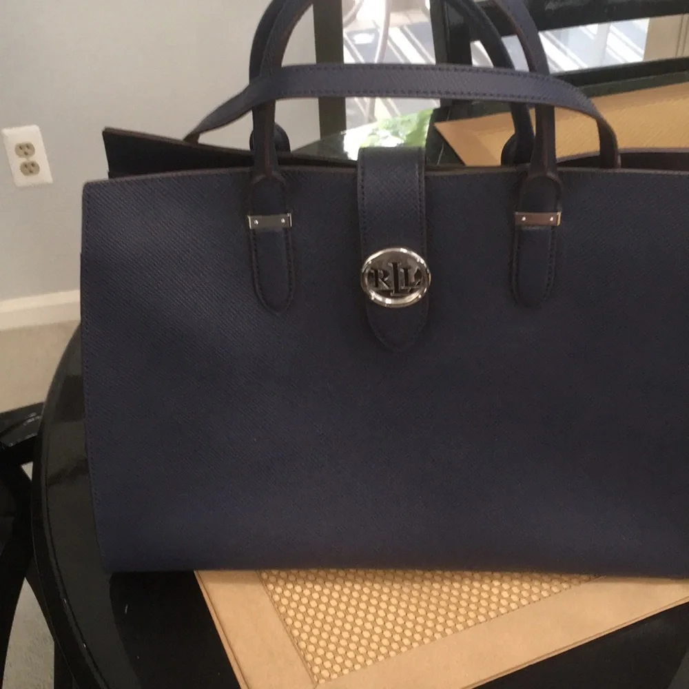 Ralph Lauren Navy Blue Leather Satchel with Silver Hardware. Comes with scarf - Picture 1 of 10